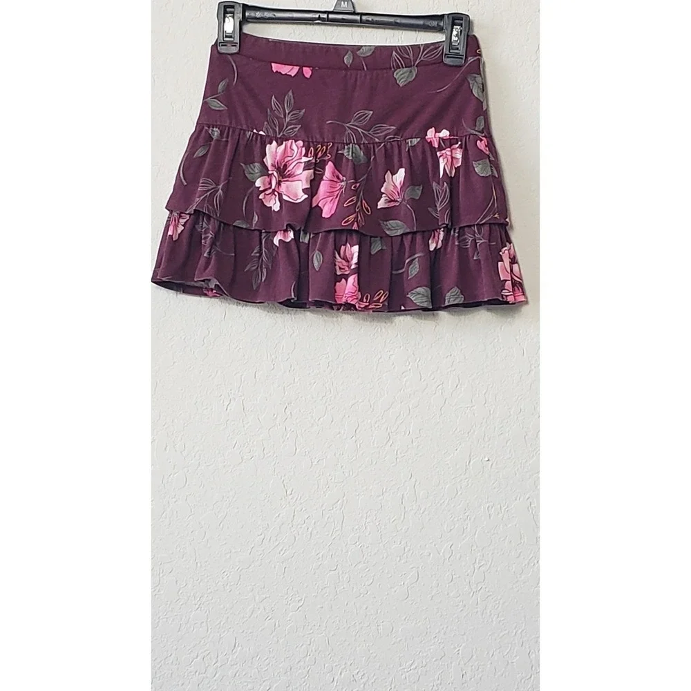 Justice Girls Floral Tiered Ruffle Skirt‎ Size 12 Burgundy Pink Flowers